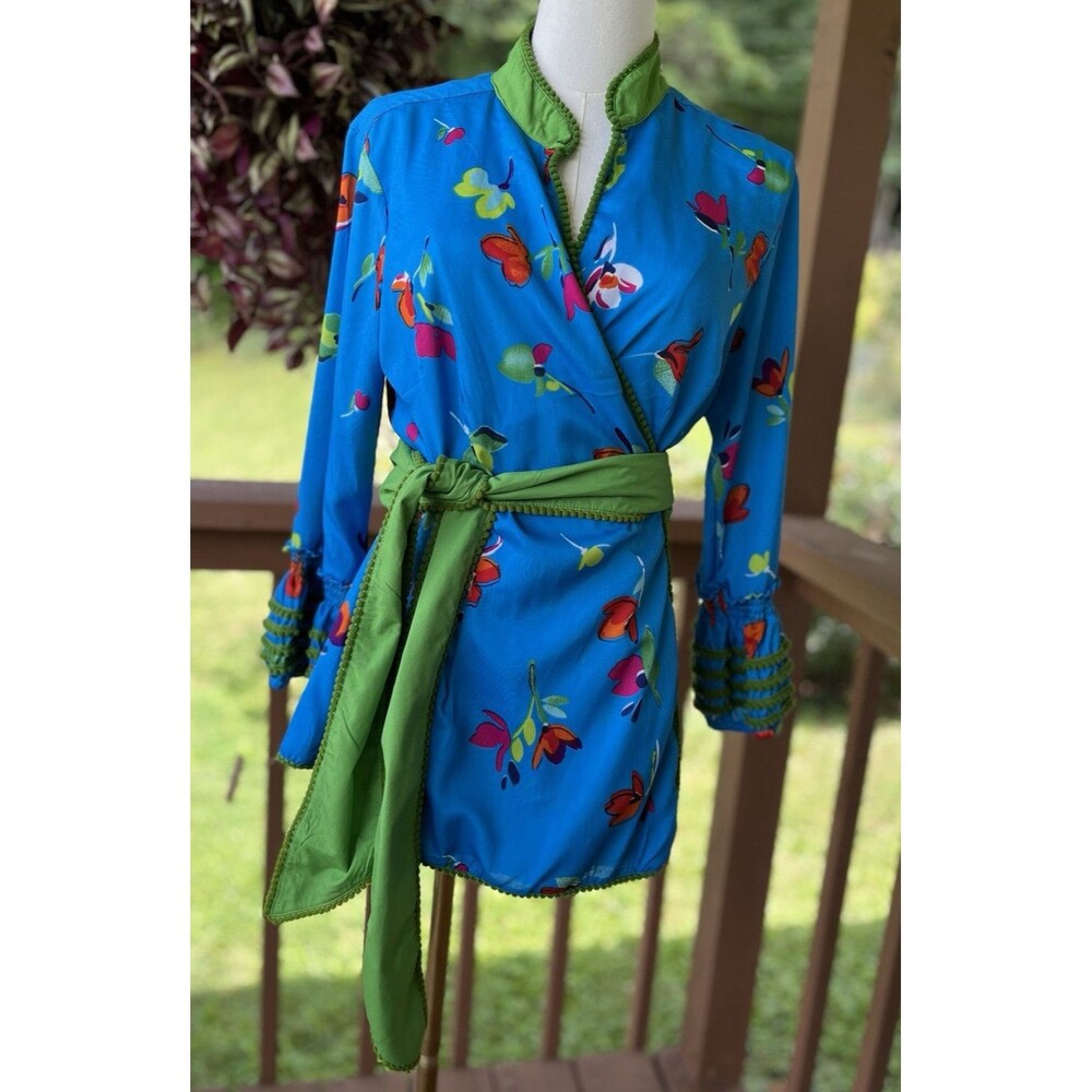 Almatrichi Floral Wrap Blouse Blue/Green V-Neck Long Sleeve Women 42